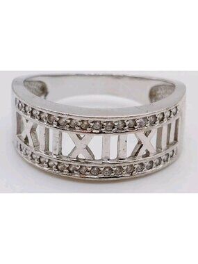 Sterling Silver Roman Numeral Cubic Zirconia Accented Band Ring 925 Size 10
